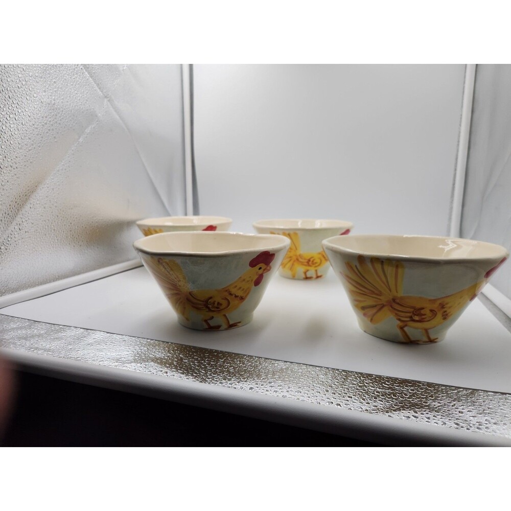 Vietri Aurora Coupe Cereal Bowls Rooster Hand Painted Italian Pottery Set of 4